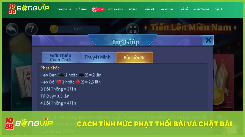 Các mức phạt thối bài và chặt bài được hệ thống minh bạch giúp người chơi nắm rõ trước khi vào ván
