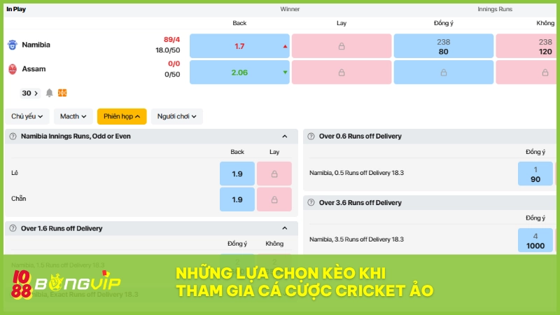 Đa dạng lựa chọn kèo giúp bạn dễ dàng chiến thắng trong Cricket ảo