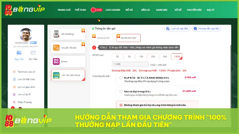 BongVip IO88 | 100% Thưởng nạp lần đầu tiên - Rực lửa khai màn cùng tân thủ 3 Chỉ cần 3 phút để đăng ký, xác minh và nạp tiền là bạn đã có thể nhận thưởng tự động từ BONGVIP IO88