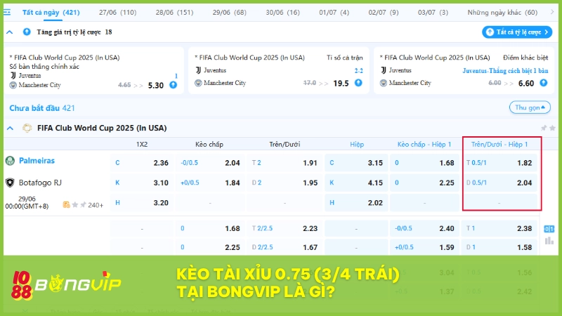 Kèo tài xỉu 0.75 tại BONGVIP là loại kèo cá cược rất được săn đón   