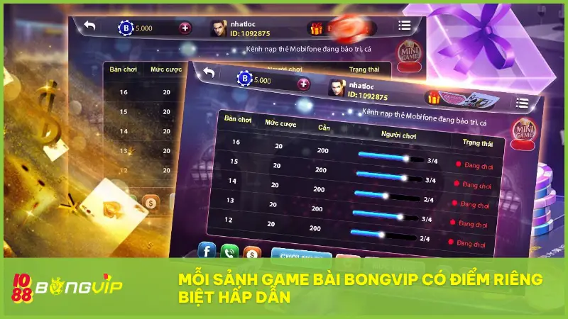 Mỗi sảnh Game bài BONGVIP đều có điểm riêng biệt hấp dẫn người chơi