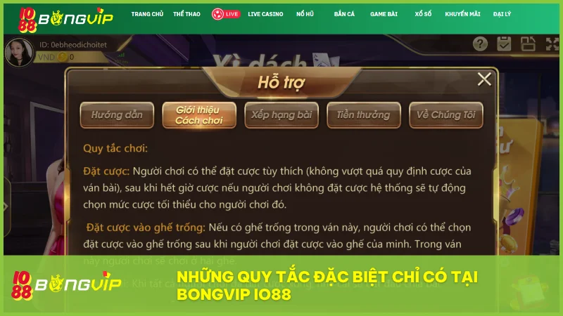 BONGVIP IO88 áp dụng hệ thống quy tắc riêng như hoa hồng cược 5 phần trăm đặt cược ghế trống và luật nhà cái chuẩn xác
