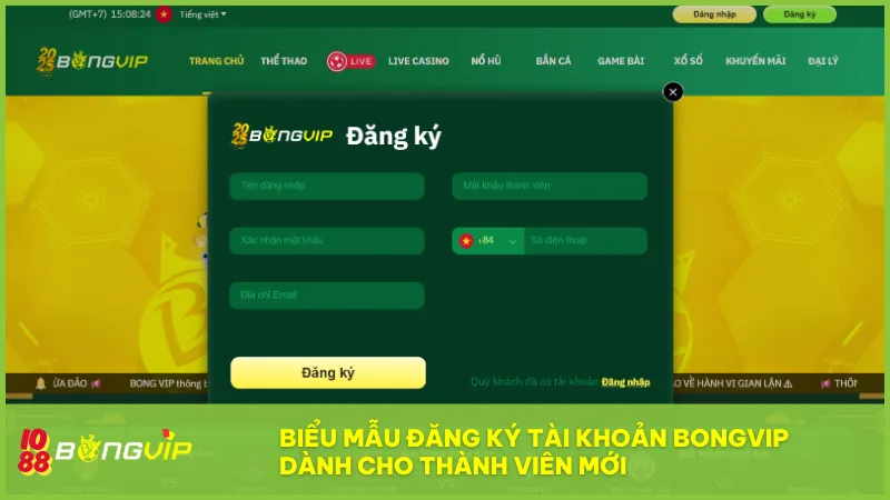 Biểu mẫu đăng ký tài khoản BongVip dành cho thành viên mới